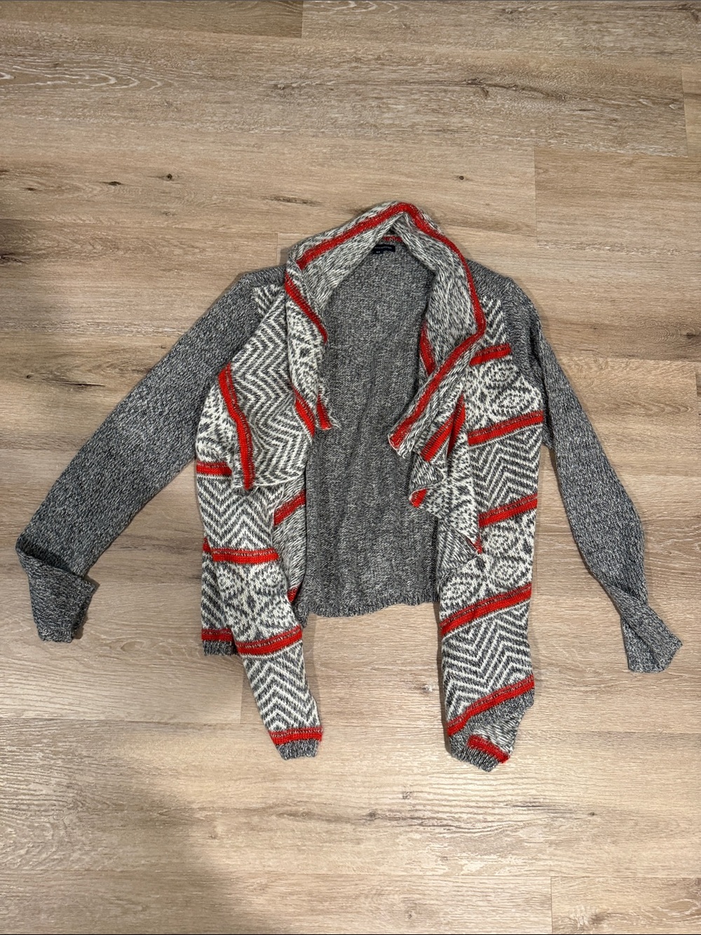 American Eagle Outfitters Gray Open-Front Cardigan with Red Trim